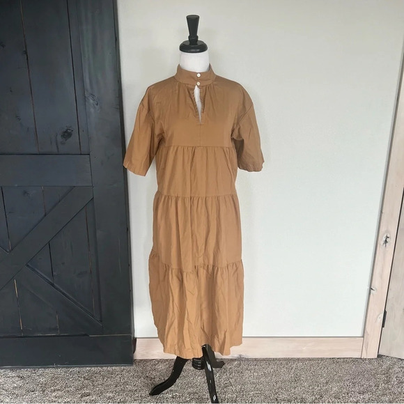 NWOT EVERLANE Tiered Mockneck Short Sleeve Dress Toasted Coconut Brown Small - Picture 6 of 8